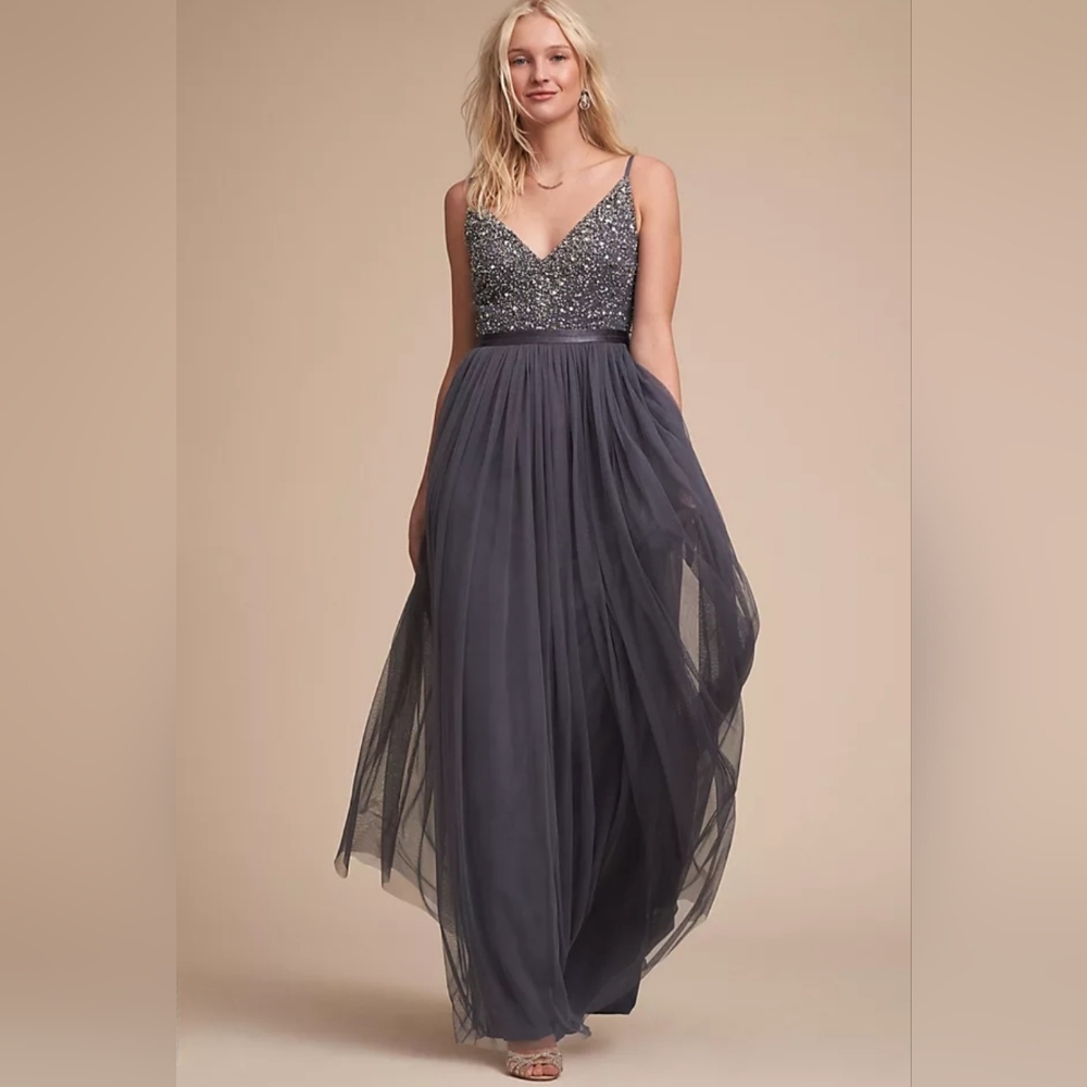 BHLDN Anthropologie | Avery Embellished Prom Bridesmaid Dress in Grey, Size 4